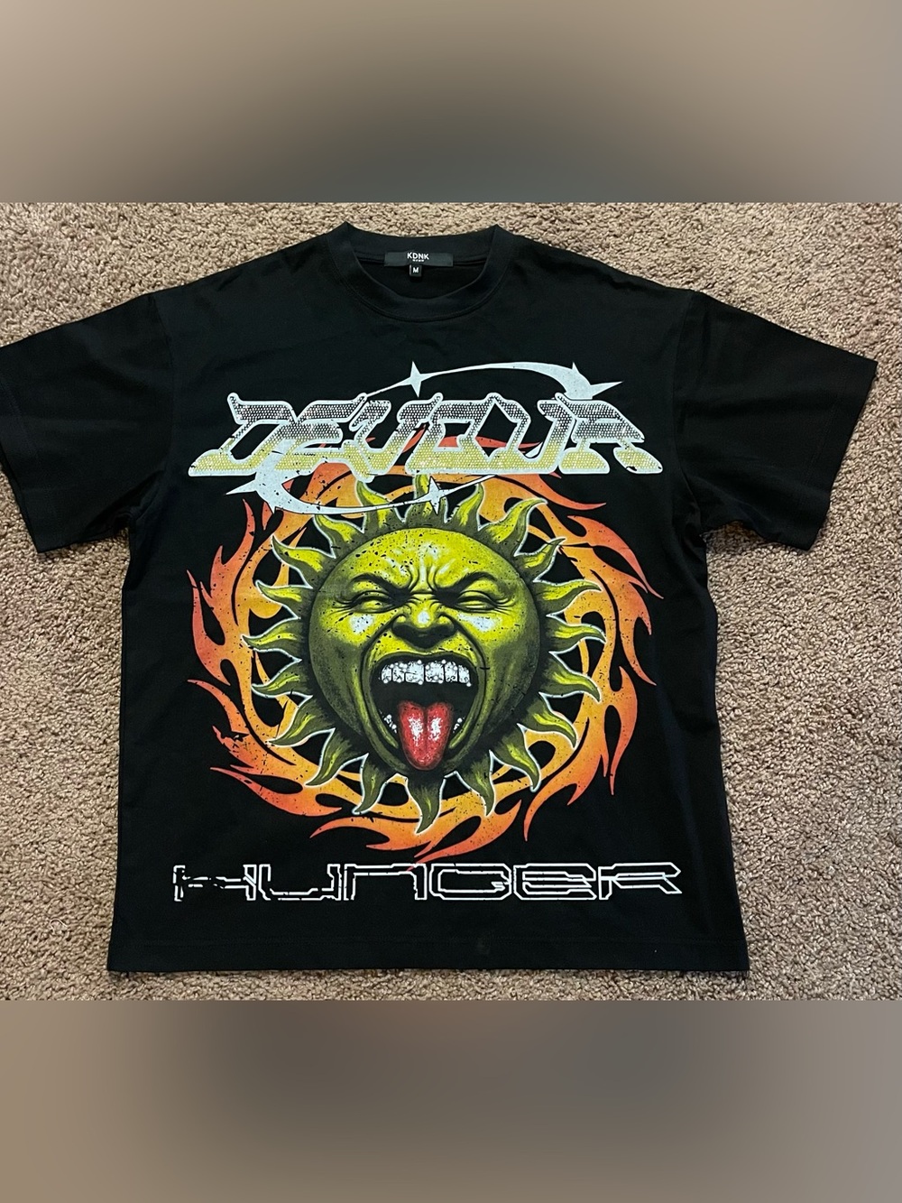 KDNK Black Graphic Band Tee with Yellow-Green Flaming Sun